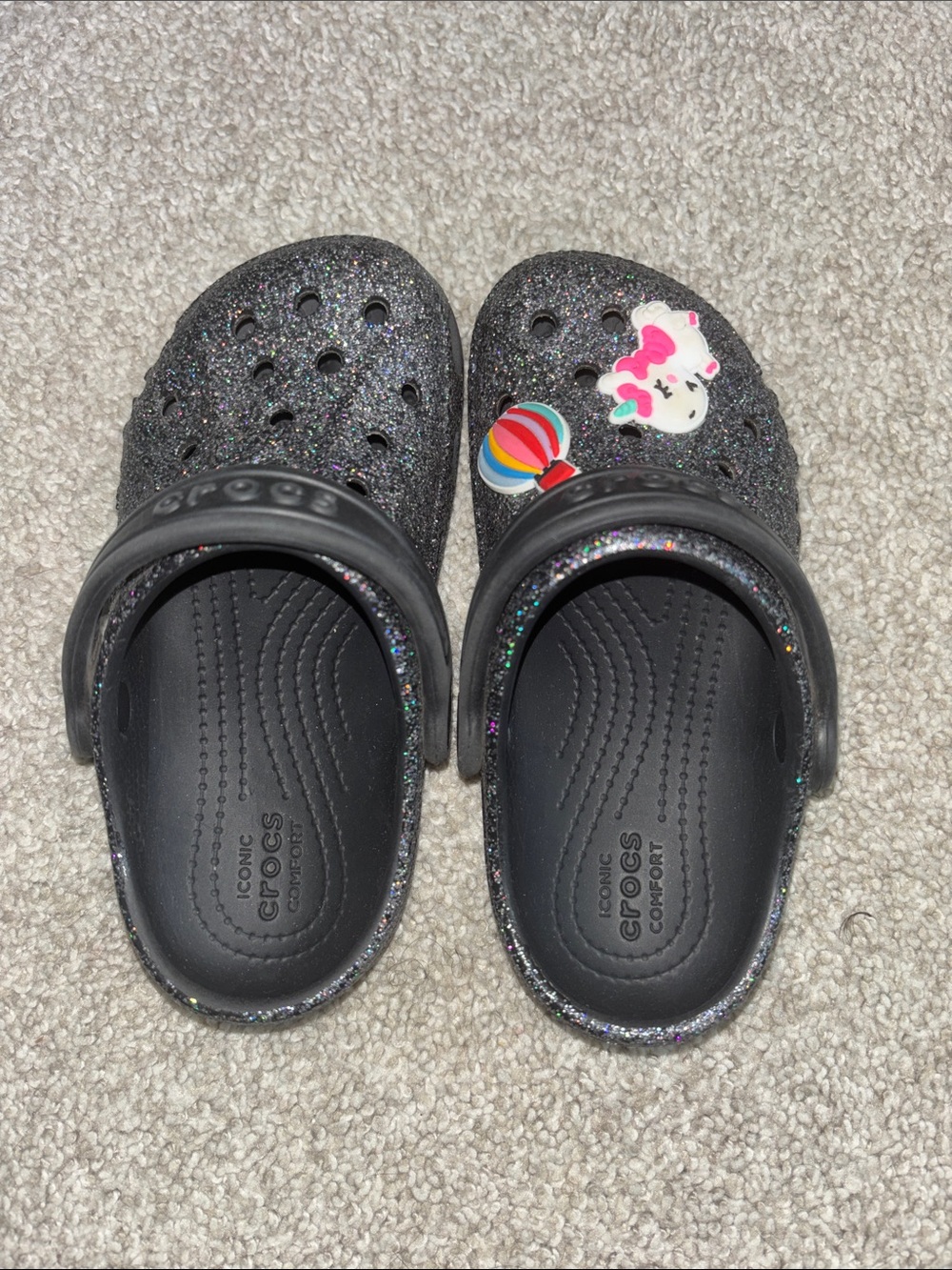CROCS Kids Black Glitter Clogs with Charms